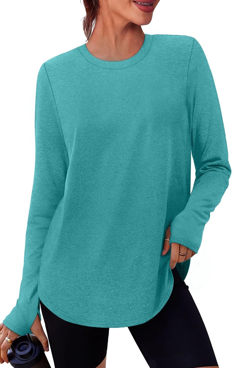 NIASHOT Workout Tops for Women Crewneck Long Sleeve Shirts with Thumb Holes UPF 50+ Sun Shirts for Hiking Running Gym Clothes