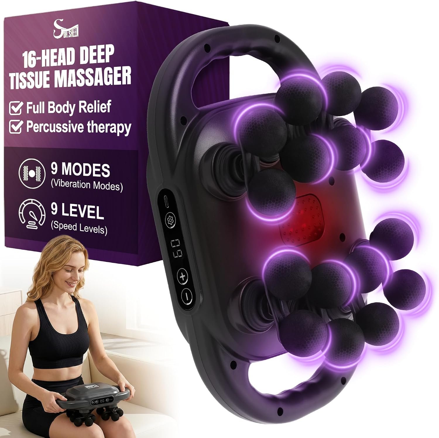 Dr. Sheen 16 Head Massage Gun Deep Tissue with Red Light Heat Therapy, 2600mAh Battery, 16 Heads, 9 Modes, 9 Intensities for Back, Neck, Shoulders & Muscle Recovery Multi Head Massage Gun
