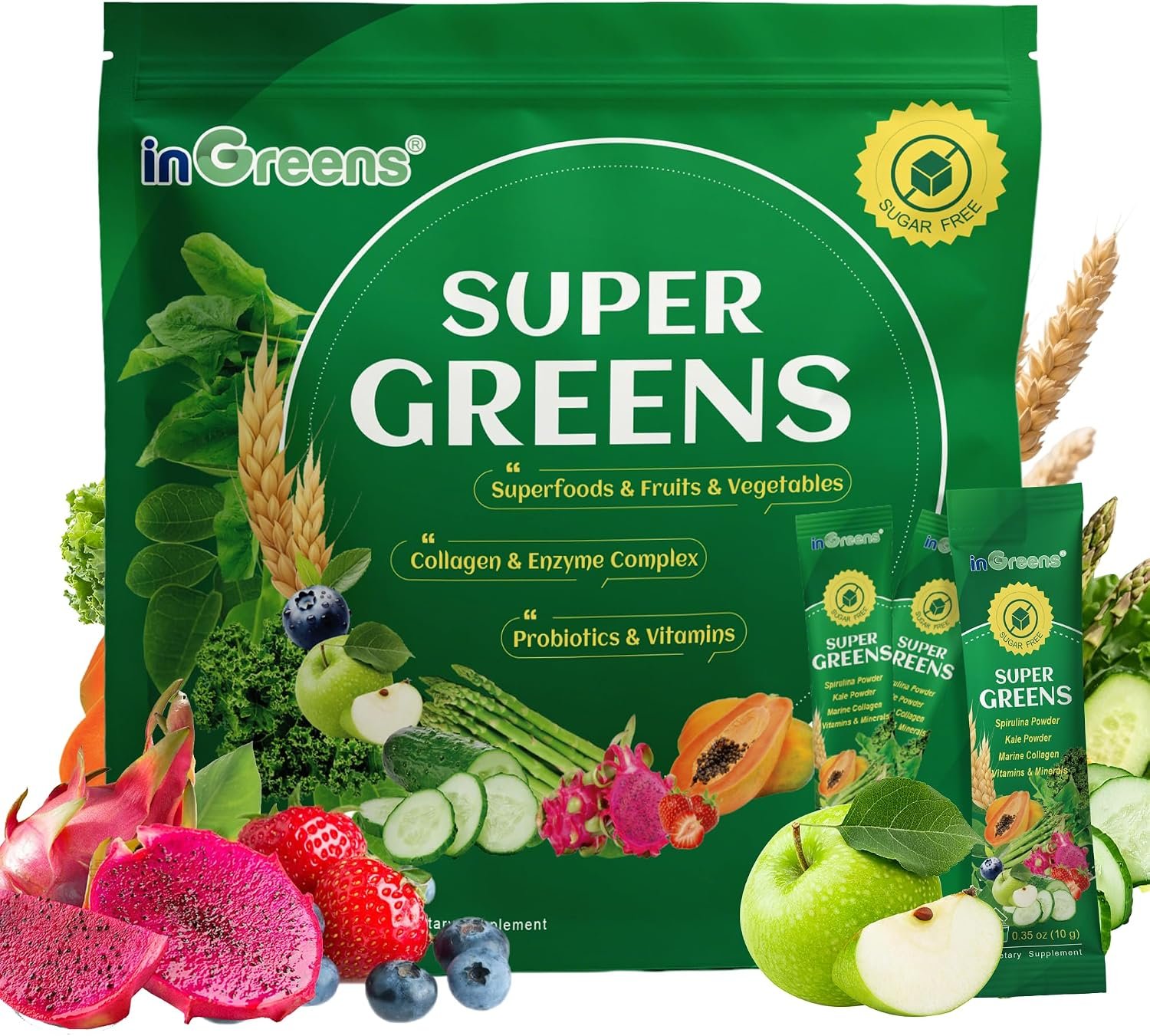 inGreens Super Greens Powder, Superfoods, 0 Sugar, 30 Packets