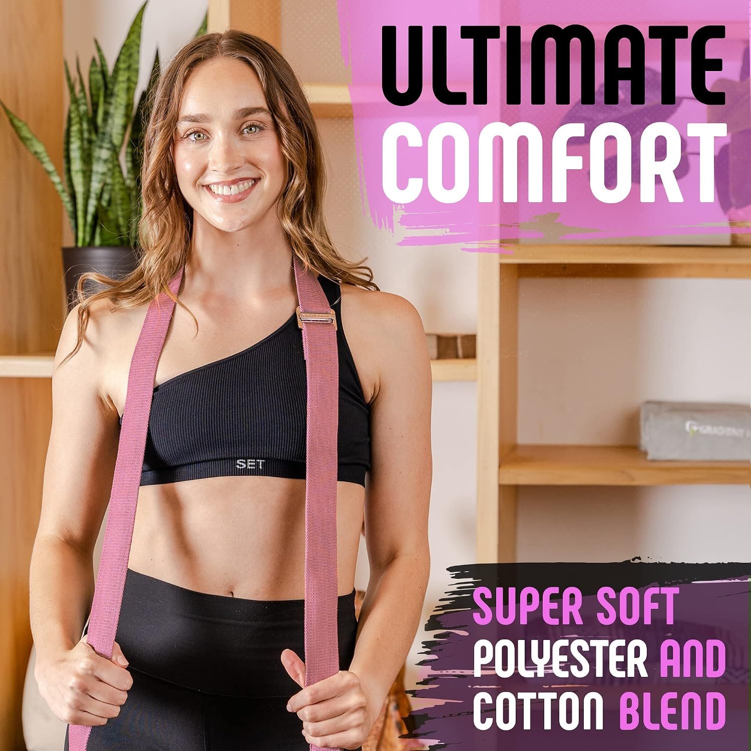 Yoga Strap with Buckle, Soft Cotton/Polyester Webbing, 8 ft