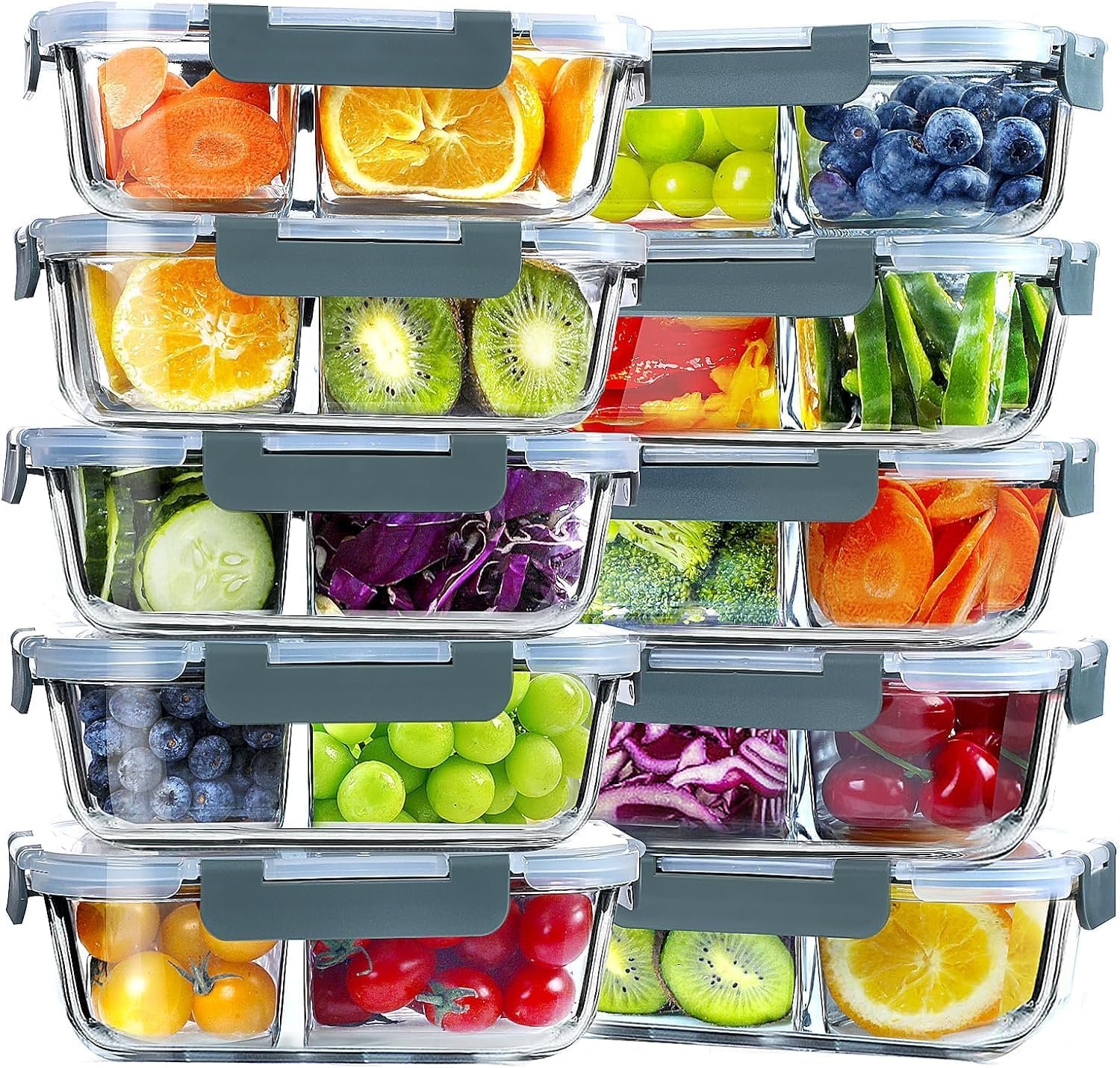 VERONES 10 PACK 30 OZ Glass Meal Prep Containers 2 Compartment Set, Grey