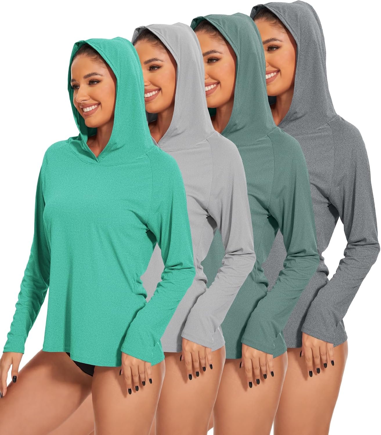 Kinglaman 4 Pack Women’s UPF 50+ Hoodie Long Sleeve Hiking UV Sun Shirts