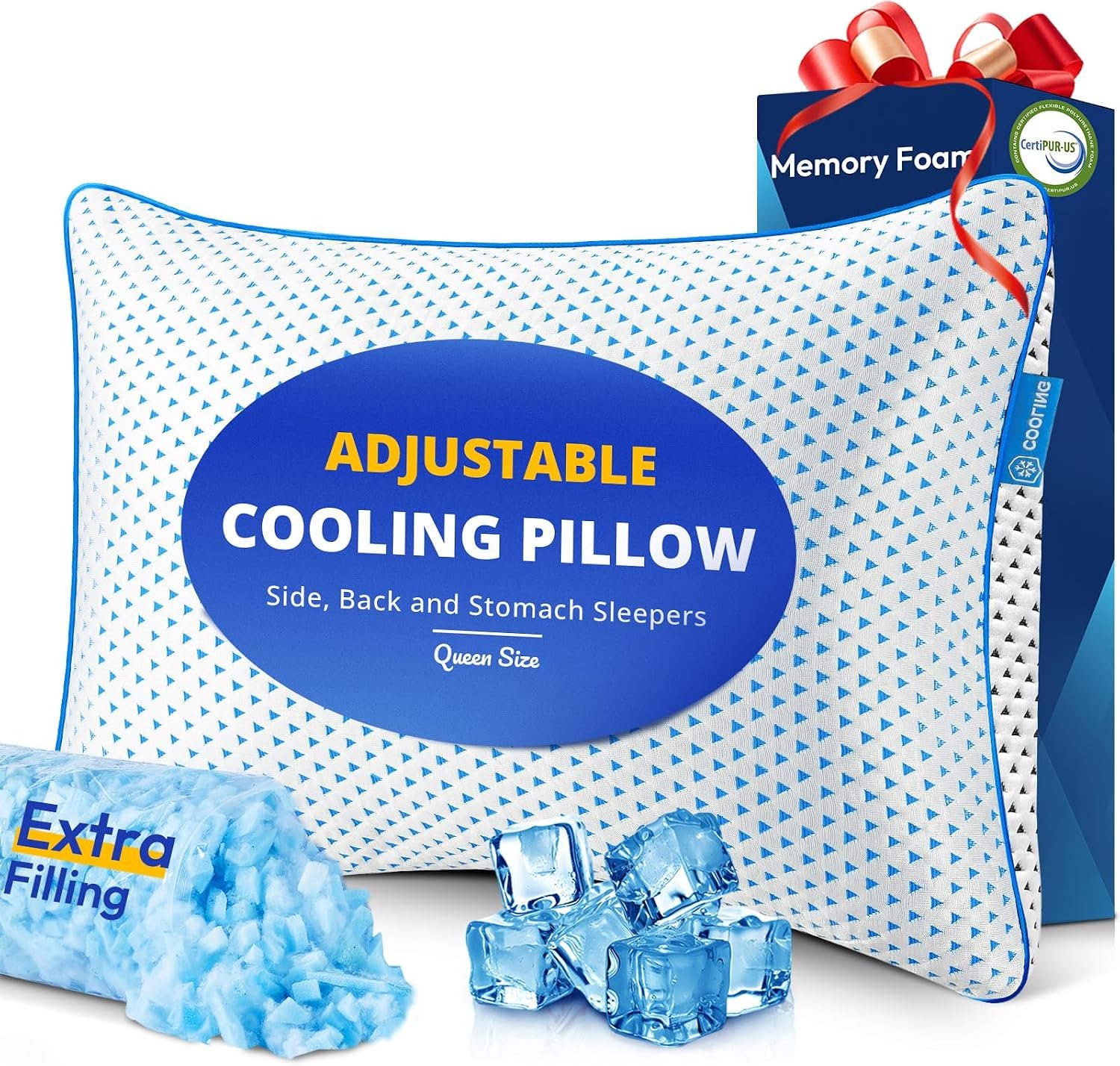 Adjustable Cooling Gel Memory Foam Pillow Queen Size for Sleeping Set of 1