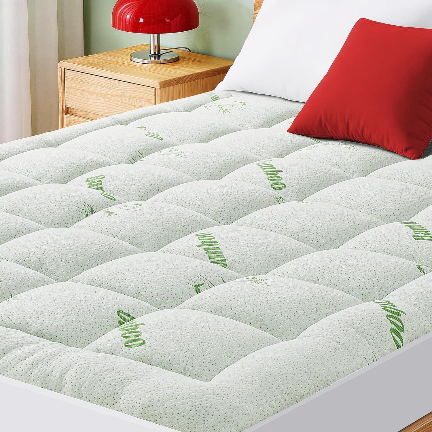 Mattress Pad Queen Size, Cooling Pillow Top Mattress Topper, Ultra Soft Viscose Made from Bamboo, Breathable for Hot Sleepers, Deep Pocket 8″-20″, Green