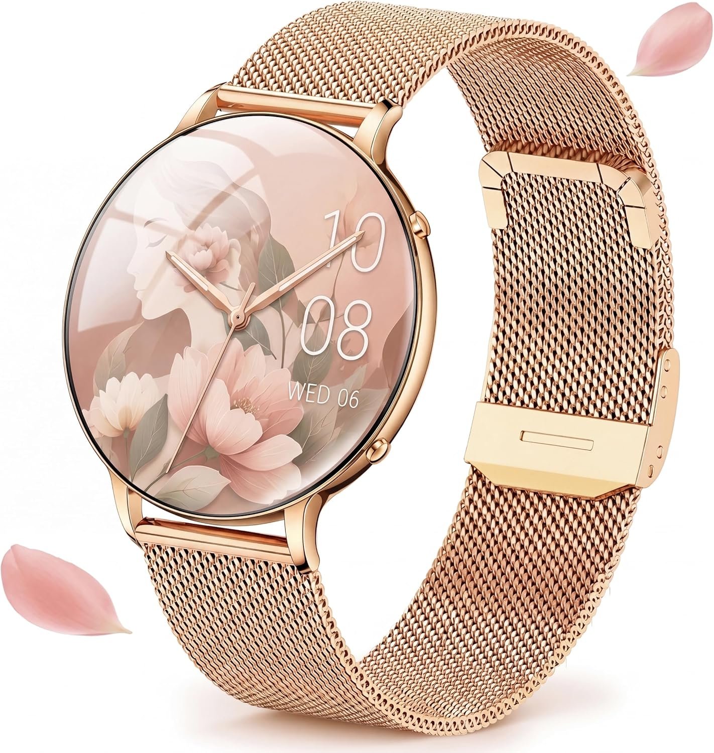 Smart Watches Lightweight for Women: 1.32” AMOLED Display Rose Gold with 2 Bands – IP68 Waterproof Fitness Tracker Smartwatch Compatible iPhone/Android – Gifts for Women 15–45