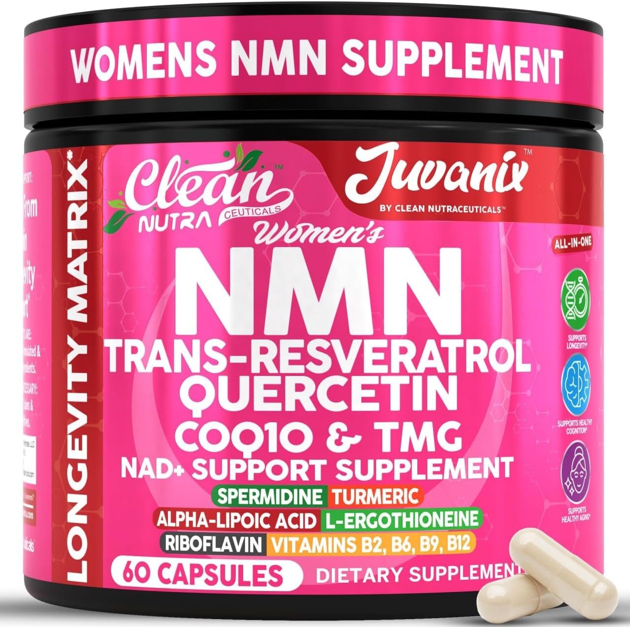 Clean Nutra NMN Supplement for Women CoQ10 Resveratrol Quercetin Spermidine TMG Complex — Juvanix Anti Aging Vitamins for Women NAD+ Support Radiance Formula — 60 Vegetarian Capsules
