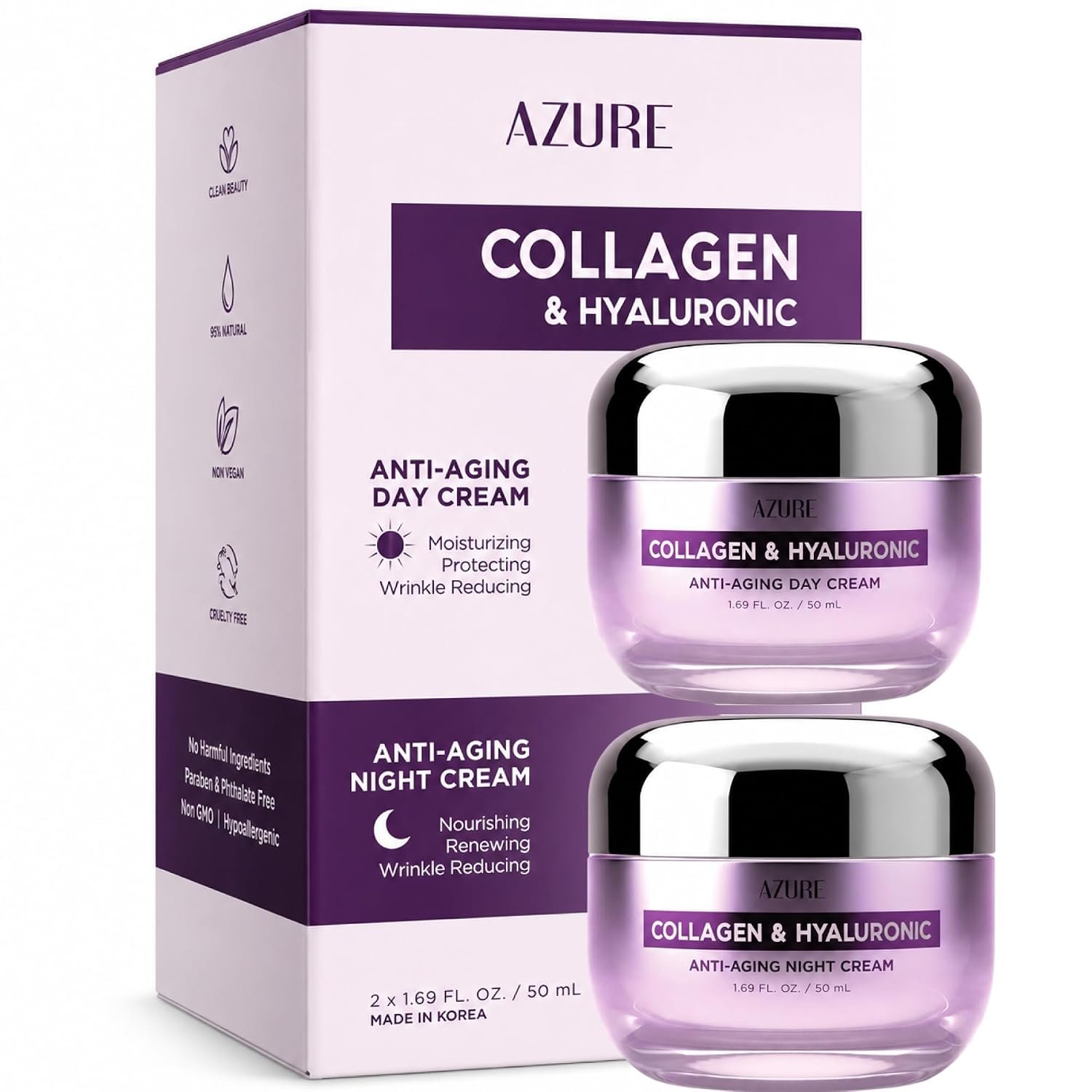 Collagen & Hyaluronic Acid Face Moisturizer, Hydrating Day &Night Cream Duo