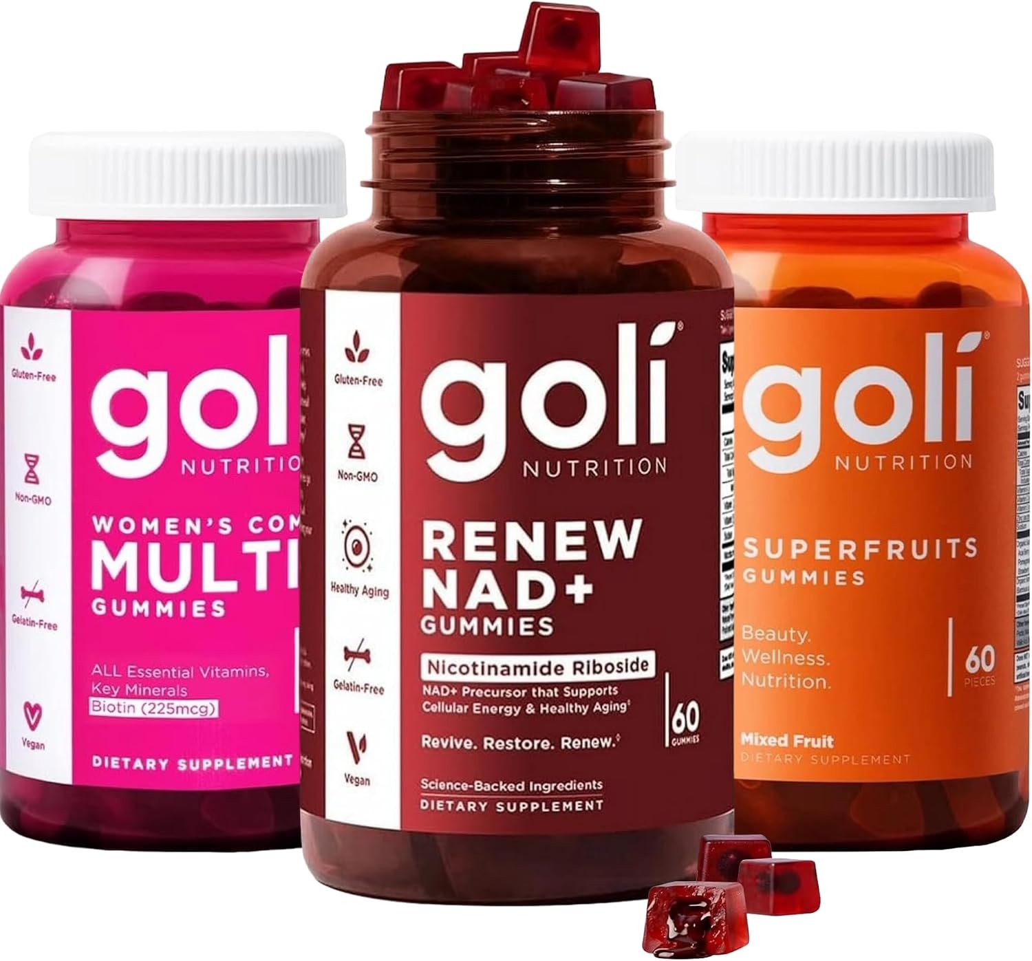 Goli Women’s Ultimate Glow & Renew Trio – Renew NAD+, Women’s Complete Multi & Superfruits Gummies, Vegan, Non-GMO, Gluten-Free, 180 Gummies Total