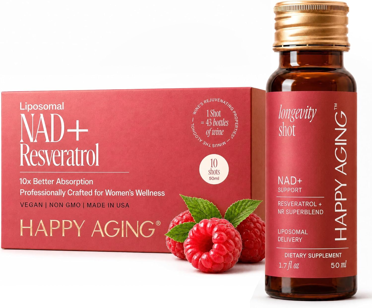 Happy Aging Liquid NAD+ Supplement for Women | Liposomal Nicotinamide Riboside & Resveratrol Shots for Energy, Skin Health & Brain Fog | NMN Alternative with Antioxidants | 10 Shots, 30-Day Supply