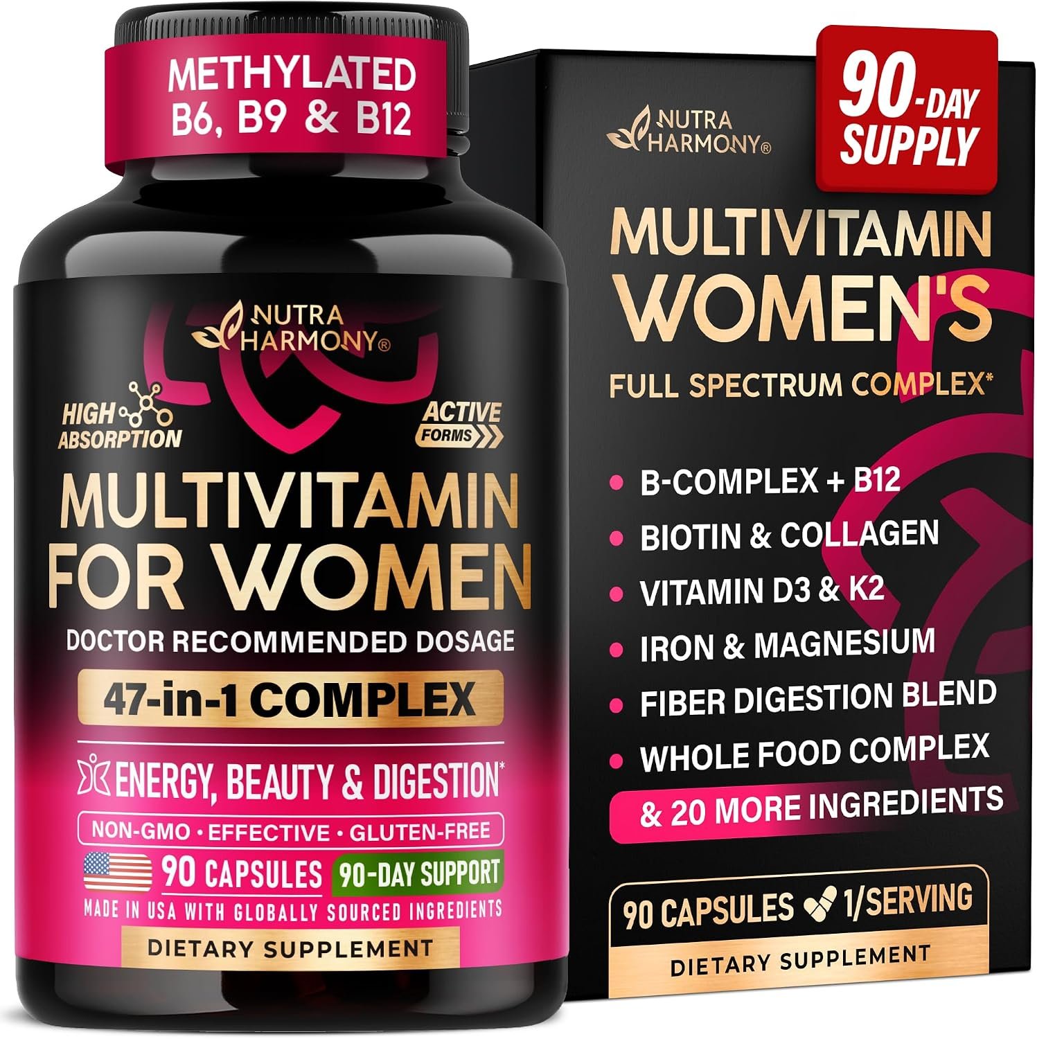 Multivitamin for Women 47in1 – B Complex, Biotin, D3 & K2, Iron – 90 Caps