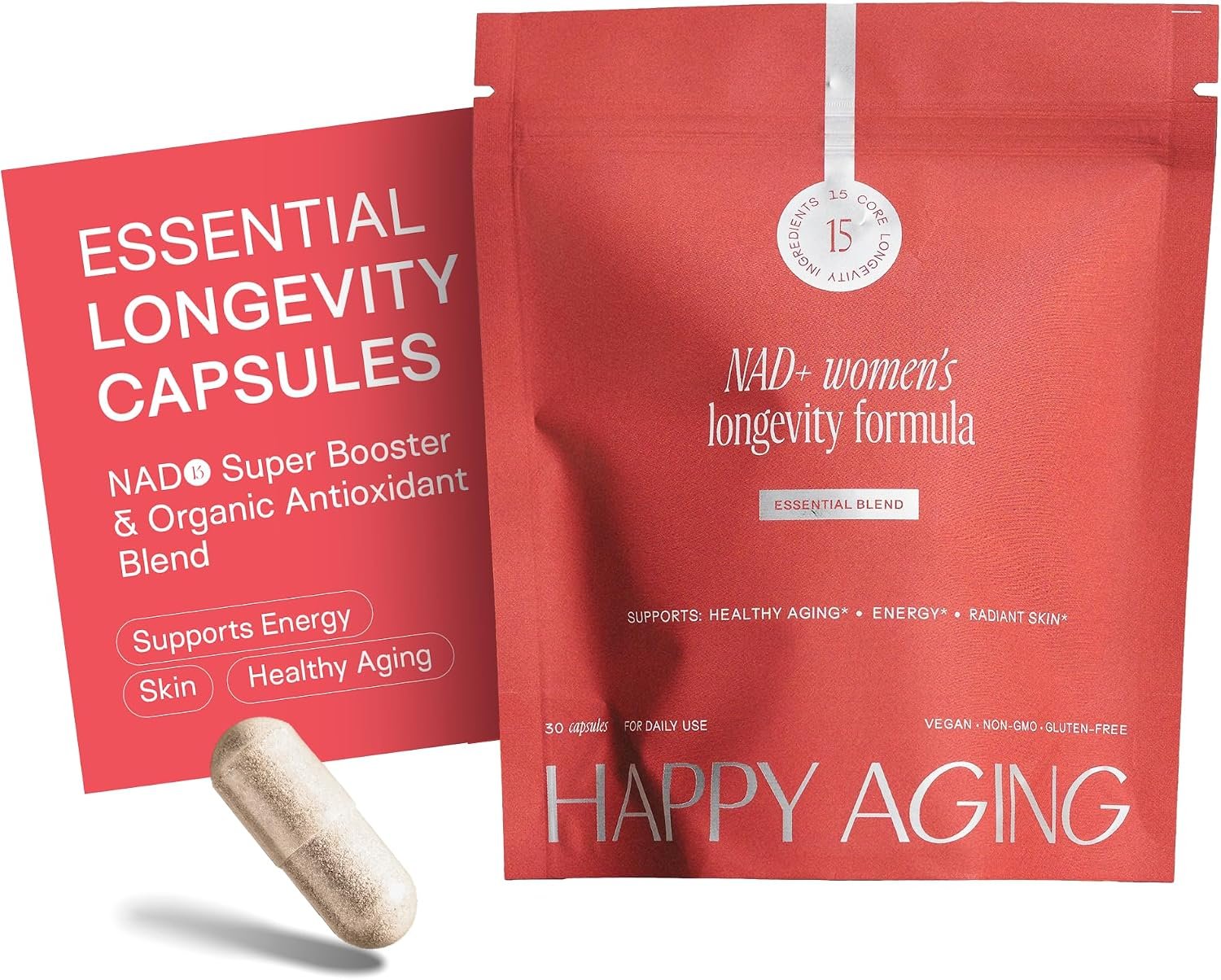 Happy Aging NAD+ Supplement for Women – Longevity Formula, Essential Blend NAD Booster Capsules with NMNH & Liposomal β-NAD+, Organic Superfruit Antioxidant Blend for Vitality